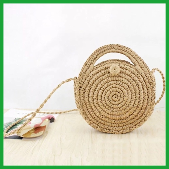 🌴ISLAND TIME🌴TAN ROUND STRAW CROSSBODY HANDBAG - Picture 2 of 8